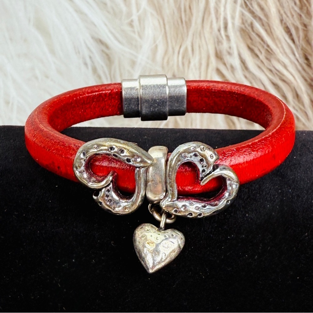 Aged Silvertone, heart charm, red bohemian bracelet